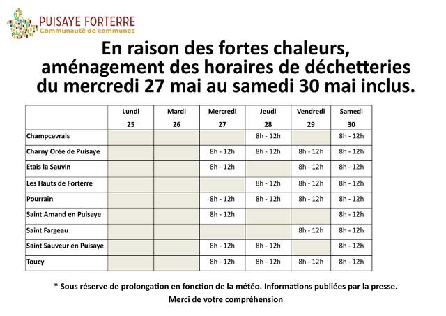 Horaires déchetteries 27 au 30 05 2026